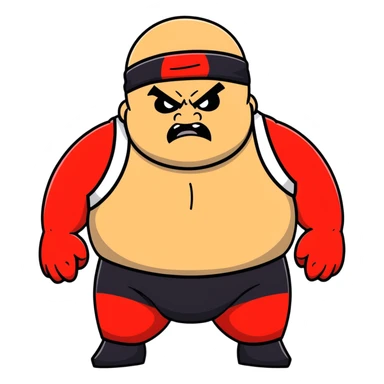 Close-up of white skin fat guy no muscle with prominent black durag, completely shaved face, no beard or mustache, black eyes in a red and black wrestling singlet with angry face sticker