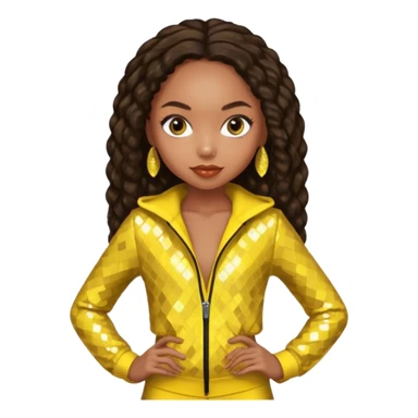 Logan Browning with long dark brown hair, yellow sequin outfit sticker