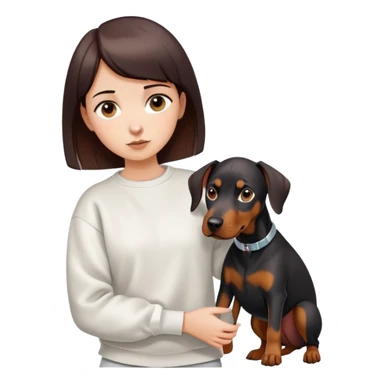 A short-haired girl in a white sweatshirt is holding a big Doberman dog sticker