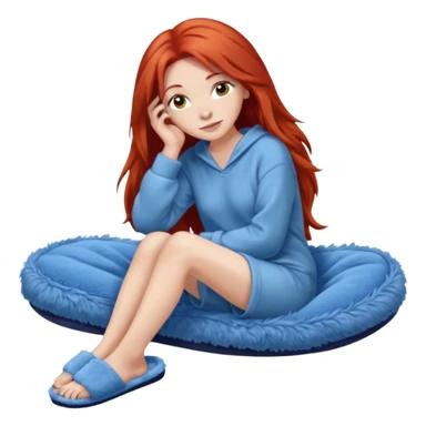 young woman with long red hear wearing comfy lounging outfit, wearing blue fuzzy slippers sticker