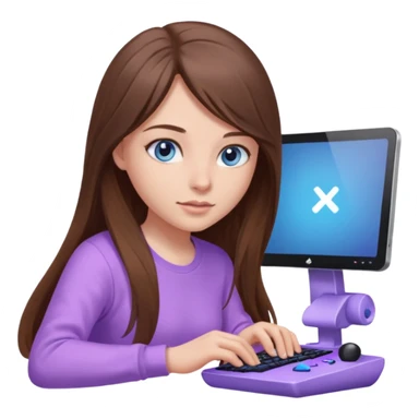beautiful girl with long brown hair, blue eyes and wearing light purple clothes playing pc games sticker