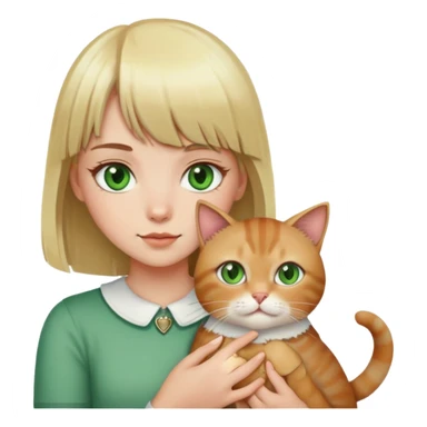 blonde girl with green eyes and bangs with her brown and white cat sticker