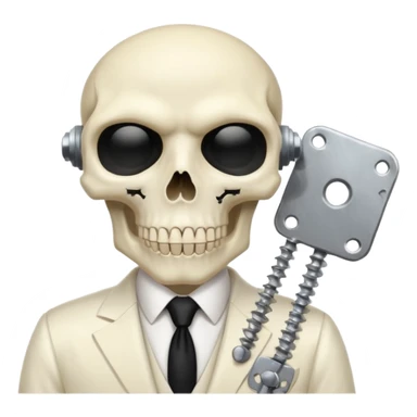 cinematic realistic - a politician in an ivory ethereal suit wears a white tie, has a skull instead of a head, and instead of glasses, has a metal plate with screws over his eyes sticker