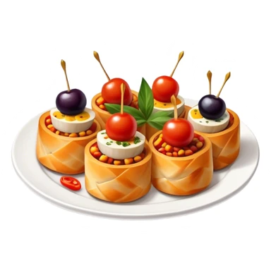 Tapas (4 Pintxos) Cinematic Realistic Tapas Dish Emoji, depicted as an assortment of 4 pintxos elegantly arranged on a plate, rendered with lifelike textures and vibrant, inviting lighting. sticker