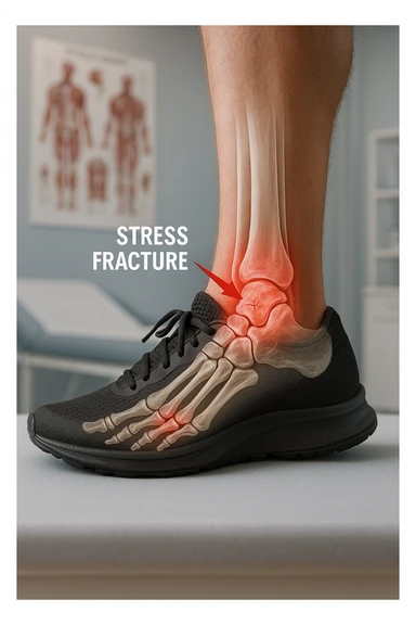 Realistic, vertical medical scene: a runner’s foot and lower leg are shown in profile, with a transparent overlay revealing a small stress fracture in the metatarsal bone. Red highlights and arrows indicate the area of pain and injury. The setting is a medical exam room, with anatomical charts in the background. sticker