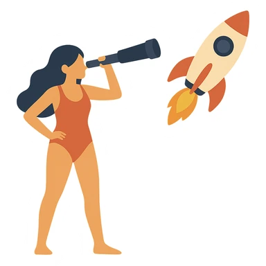 flat design style girl in a swimsuit with a telescope and a rocket sticker