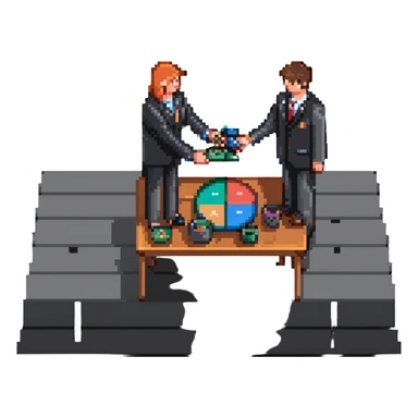 scene of two people shaking hands over a table with charts and coins sticker