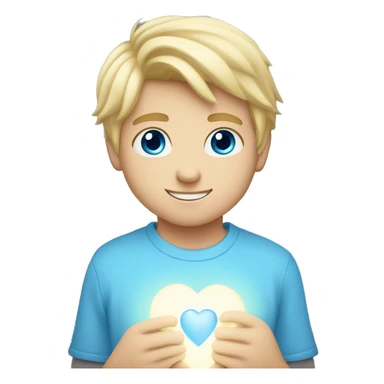 blonde blue eyed boy holding light blue heart sticker