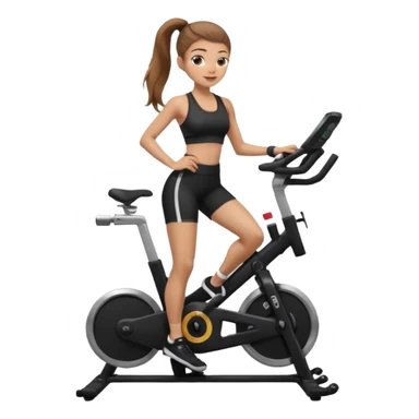 Light skin girl with long light brown hair in a pony tail, black workout set leaning on a indoor spin bike with NO HELMET,  sticker