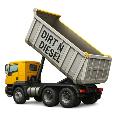 Make the dump end trailer longer and silver, keep the words 'Dirt n Diesel' visible, preserve the emoji style look, no background. sticker