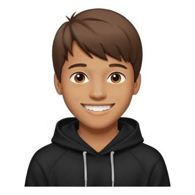 20 yr old man, brown hair, straight, big smile, white teeth, tanned skin, bangs, black hooded sweatshirt sticker