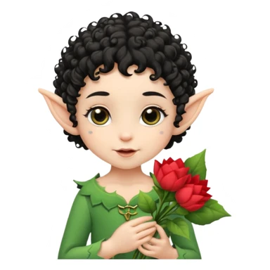 Tiny elf baby black curly hair with pointy ears, hold flowers sticker