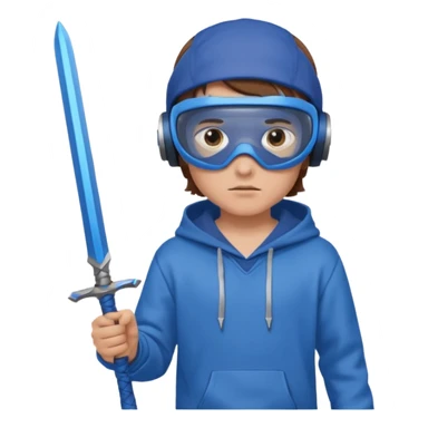 a boy with brown hair, a blue vr headset. a blue hoodie and a blue sword and show the hair sticker