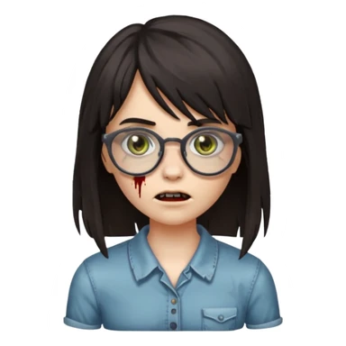 iPhone emoji is a zombie girl with dark hair long below her shoulders bangs and a ragged haircut gray eyes glasses  sticker