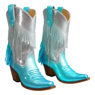 Realistic silver and robins egg blue ombre pair of fashion cowgirl boots with sparkly shiny glitter fringe on them. sticker