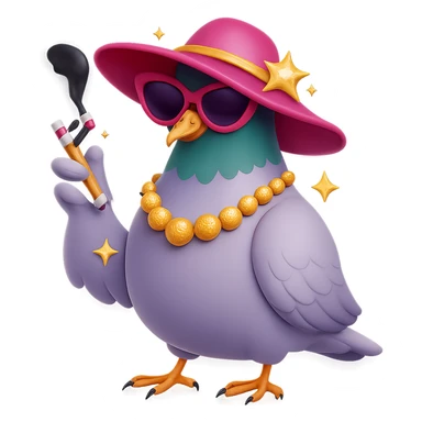 Make the pigeon more fabulous with a stylish hat, keep the cigarette, add vibrant and glamorous details in a 3D emoji style. sticker