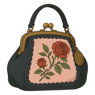 Pink and black gothic purse in Ghibli style, rose embroidery, vintage charm, dreamy atmosphere, no background sticker