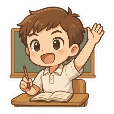 male student wearing a white polo shirt, actively participating in a school activity, energetic and engaged, classroom setting, chibi sticker style sticker