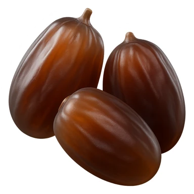 Show exactly two or three whole dates, glossy brown skin, slightly wrinkled, plump and soft, natural shape and color variation from deep amber to mahogany. Clustered together, no plate or extra elements, no faces. Clean 3D, soft shadows, transparent background, emoji scale. sticker