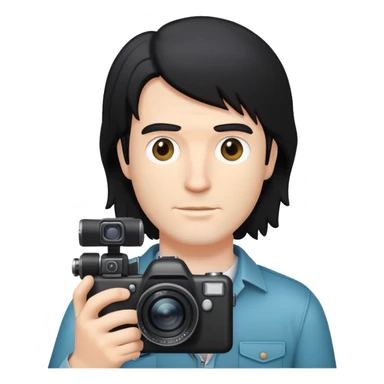 a white man with black mullet hair holding a foto camera sticker