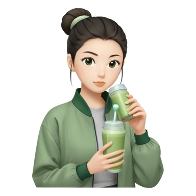 Japanese girl with sage green jacket drinking pre workout shake middle part slick back bun sticker
