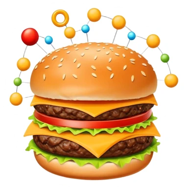 burger with electrons orbiting around it, atom structure sticker
