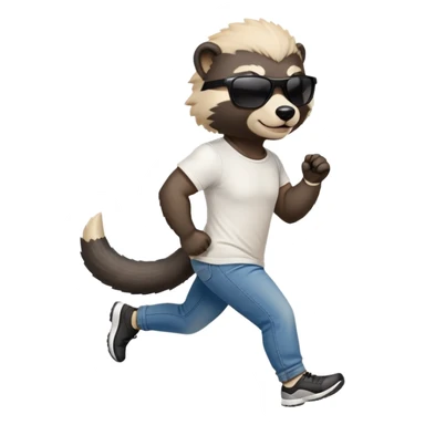 friendly anthropomorphised honey badger in jeans and a t-shirt, wearing sunglasses, jogging upright, relaxed pose sticker