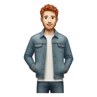 white young man in jean jacket and white t-shirt with short wavy red hair sticker