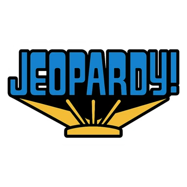 Jeopardy game show logo, bold blue and gold colors, dramatic lighting, clean icon style sticker