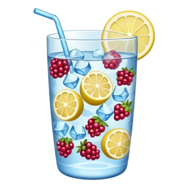 tumbler of water filled with berries, lemon slices, and ice cubes, emoji style sticker