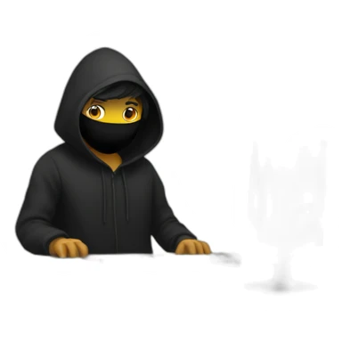 Developer with a black hood behind his computer and focus on his code  sticker
