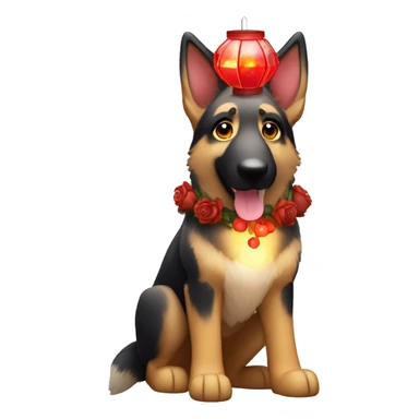 Brindled German shepherd fox carrying glowing red lantern, fairy lights, rose flower crown sticker
