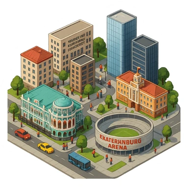 Изометричная миниатюрная фотореалистичная 3D модель Екатеринбурга - Дом Севастьянова, Ельцин-центр, Уральский федеральный университет, дома, Екатеринбург Арена, Штаб-квартира Русской медной компании, Здание Свердловского городского совета народных депутатов, четкие линии, яркие цвета, мультяшный реализм, люди, автотранспорт, компактная композиция, вид сверху в изометрии, прозрачный фон sticker