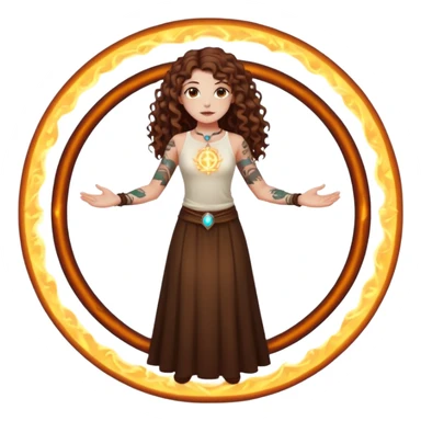 full body view of a woman with long curly brown hair, brown eyes, white skin, tattoos, fake innocent pose while standing inside a glowing spell circle sticker