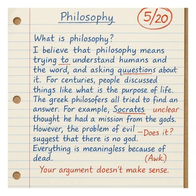 handwritten high school philosophy assignment, blue ink, lined paper, grade 5/20 circled in red at top right, teacher's feedback in red, some underlined mistakes sticker