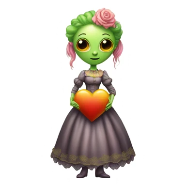 a green alien woman in Victorian orange and jellow dress, pink hair,holdig, red big hearth, full body sticker