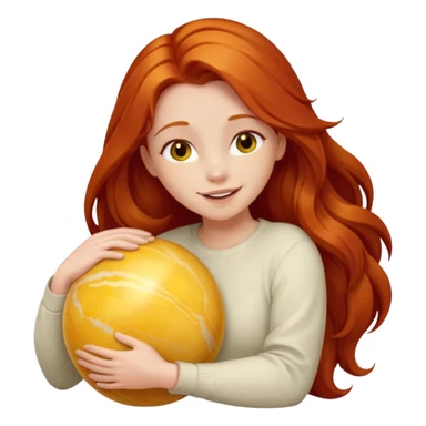 Happy long haired redhead hugging big yellow marble sticker