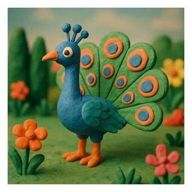 peacock standing in a garden, playful and vibrant, textured look, claymation style sticker