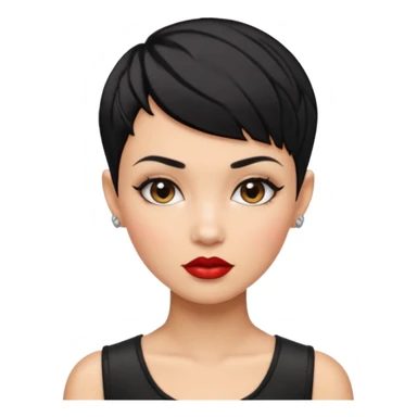 woman shaved half head  pixie cut textured black hair shiny glossy lips sticker