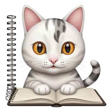 gatita feliz blanca con manchas negras atigradas viendo una libreta anillada  sticker