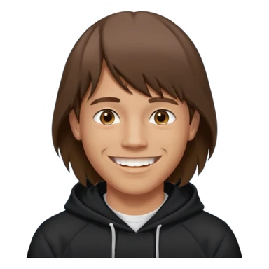 20 yr old man, brown hair, straight, big smile, white teeth, tanned skin, bangs, black hooded sweatshirt, long hair in back, center-parted bangs sticker