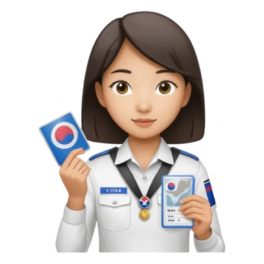 A young Asian guide holding her tour license in both hands, wearing a white shirt with the South Korea badge on her chest. sticker