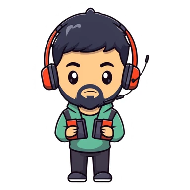 Anime-style character with black hair, brown eyes, black beard, and gaming headset, Japanese animation style sticker