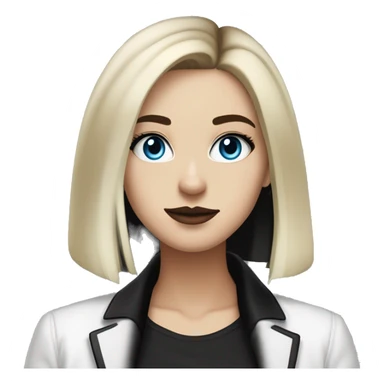 waist-length portrait, look up, Slavic adult woman, goth eyes makeup, blue eyes, medium bob black-to-blonde ombre straight hair, white T-shirt and black office jacket. sticker