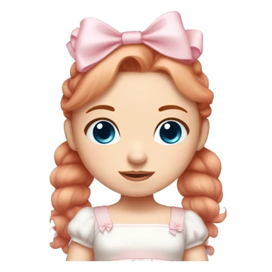 Little  babygirl with White skin, blue eyes. Light red hair in two ponytails, with light pink bows.  She is wearing a light pink and White dress, holding a teddybear with a pink bow. sticker