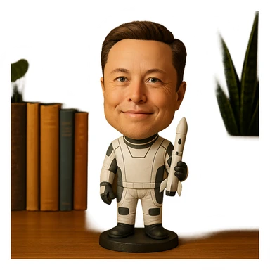 bobblehead of Elon Musk in a space suit holding a small rocket sticker