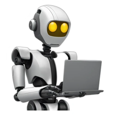 robot in a suit with head tilted using a laptop sticker