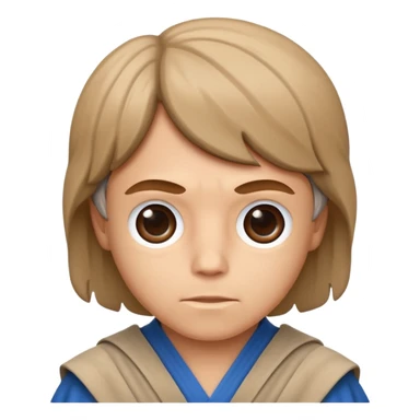 Emoji estilo Apple de un joven Jedi con túnica beige, ojos azules, cabello castaño claro y sable de luz azul. Luke Skywalker sticker