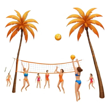 The scene captures a sunny beach atmosphere with clear blue sea and sky, palm trees swaying, and people in swimsuits enjoying the vibrant surroundings. A volleyball resting on the orange sand ground of a beach, with a volleyball net in the background.  sticker
