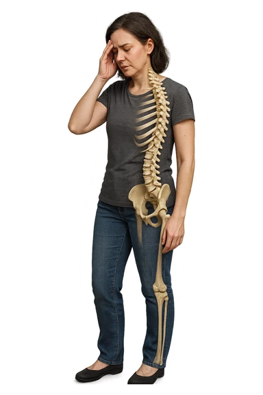 donna stanca a figura intera che si tiene una mano sulla tempia con spina dorsale anatomica visibile, iperrealistico 4k sticker